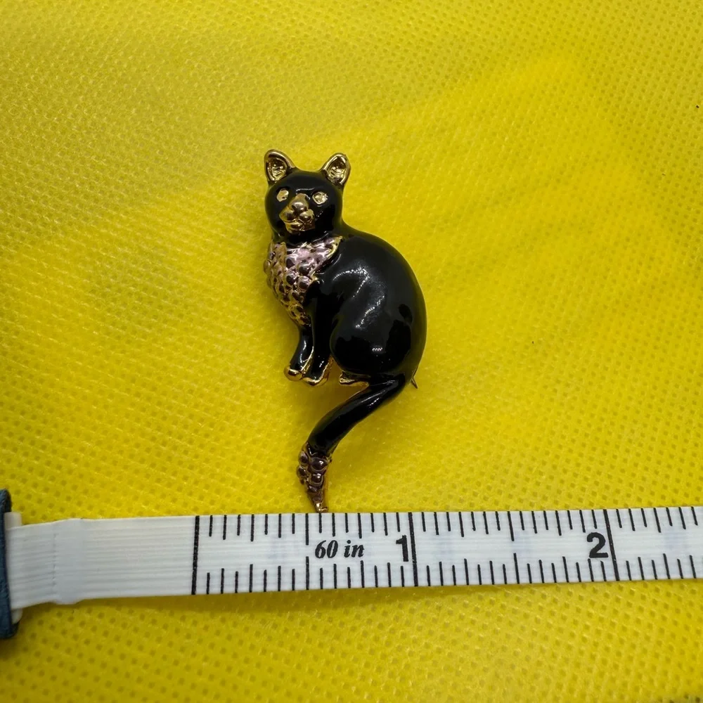 Vintage Black Cat Brooch with Gold and pink Accents